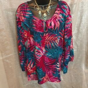 Investments Tropical Print Tunic XL, cut out sleeves with ties